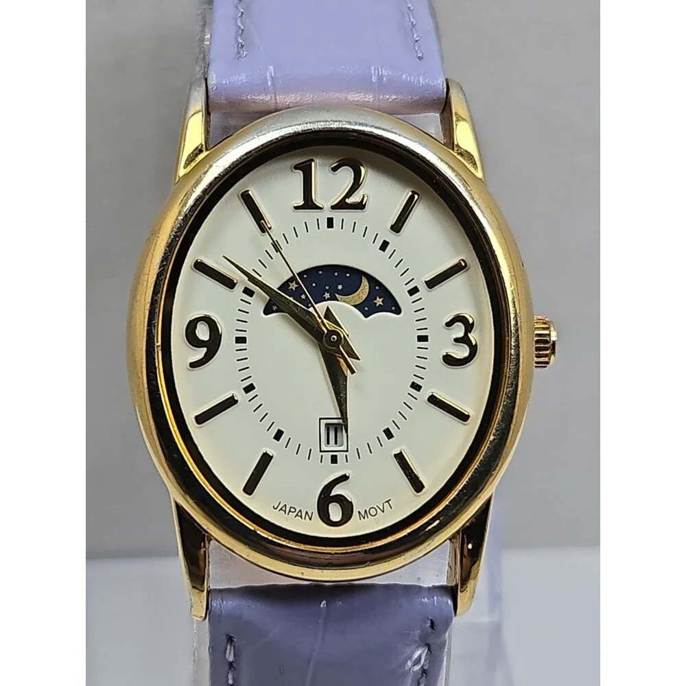 Womens Vintage Avon Moon Phase Date Womens Gold Tone Leather Watch New Battery